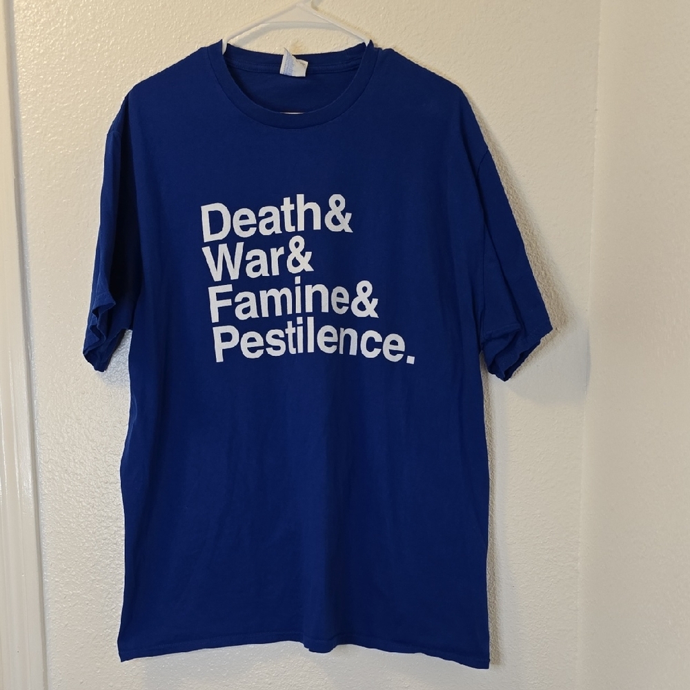 Four Horsemen Of The Apocalypse Blue Graphic Tee with White Text